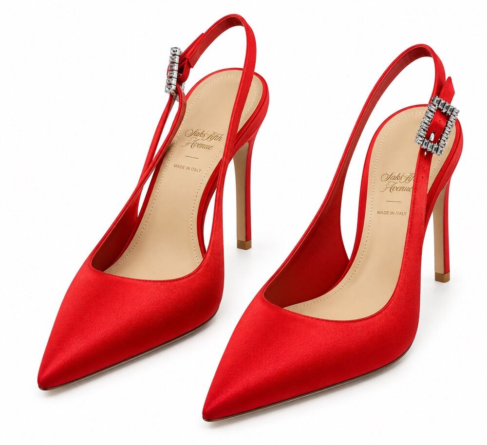 Saks Fifth Avenue Red Satin Crystal Buckle Slingback Pumps Heels Size 40